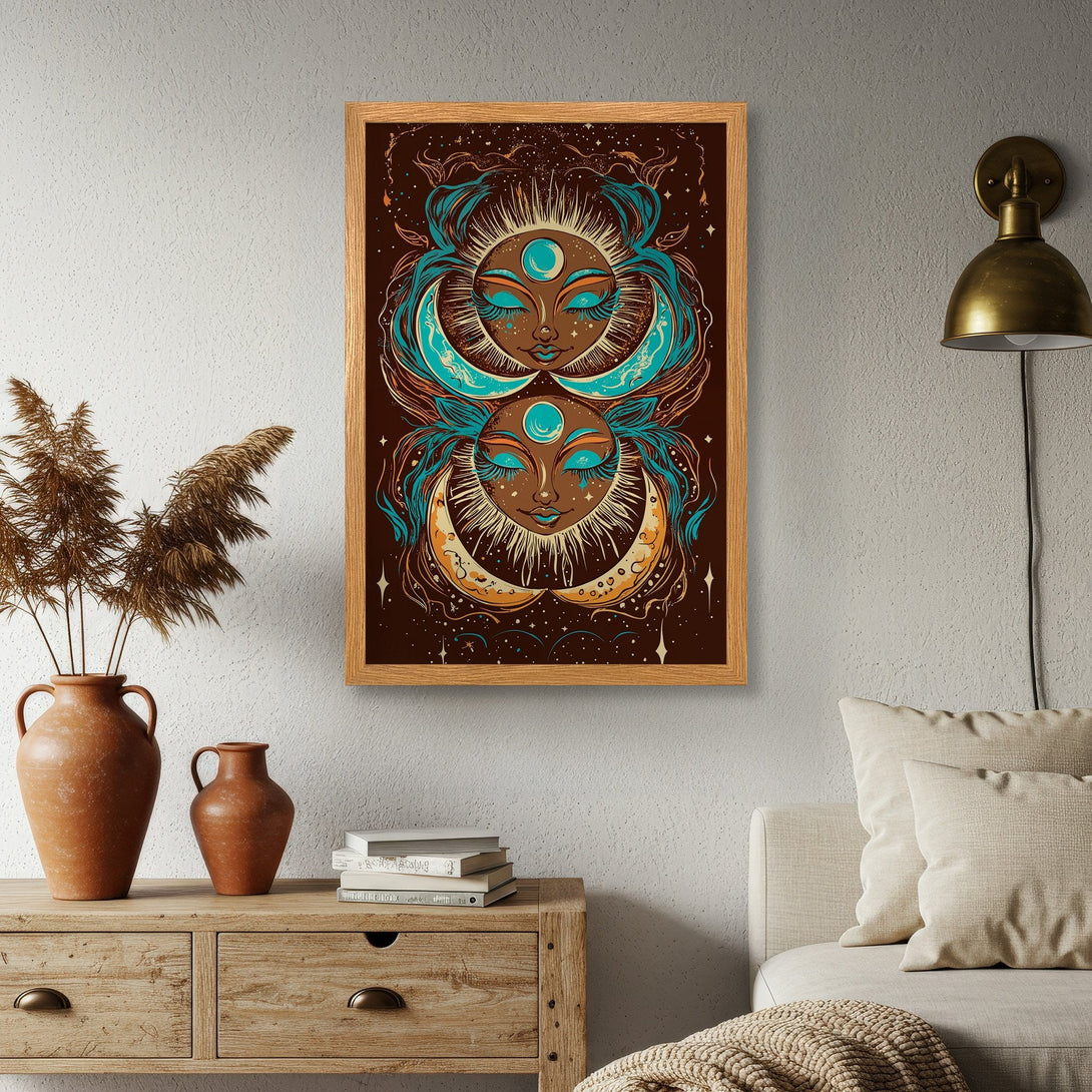 Framed Poster featuring a celestial illustration in a bohemian style, with a brown, teal, and gold color palette. Perfect wall art!