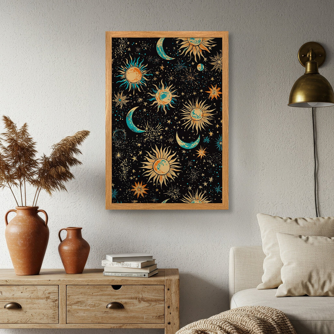 Framed Poster featuring a celestial design with suns, moons, and stars in a vintage style. Dark background with teal, gold, and orange accents.