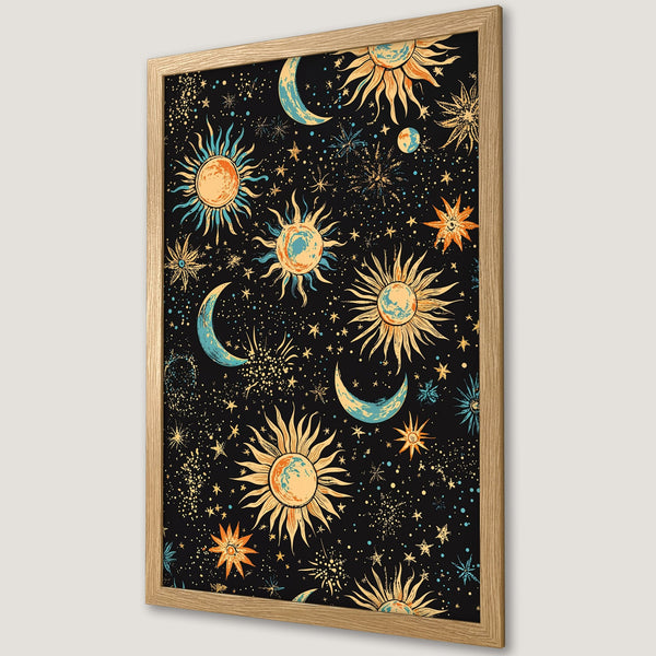 Framed Poster featuring celestial design with suns, moons, and stars on a black background. Vintage style, warm orange, blue, and gold color palette.