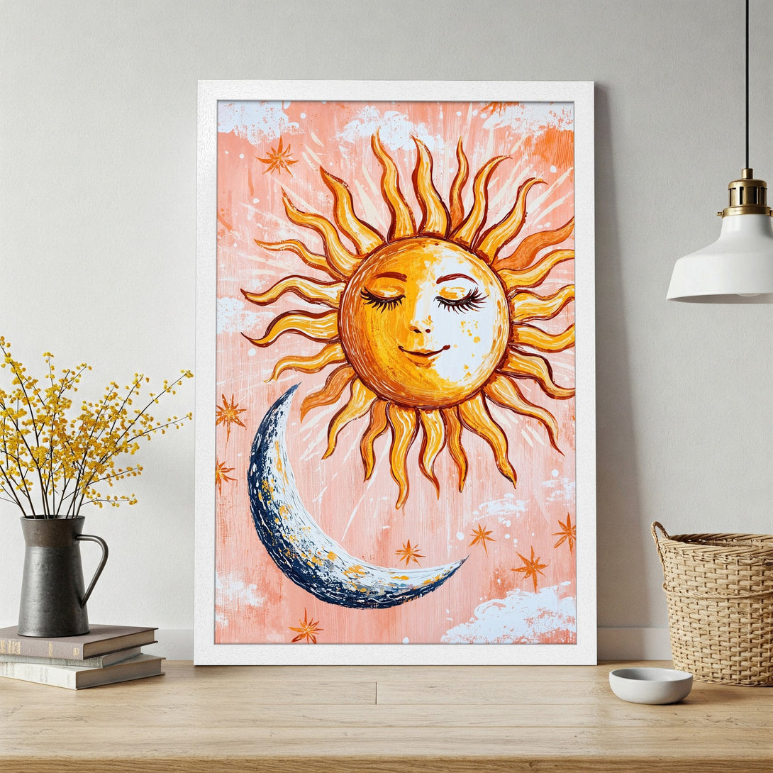 Framed Poster featuring a whimsical sun and moon design in warm orange tones. Perfect boho wall art!