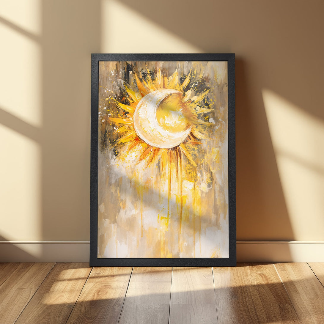 Framed Poster featuring a sun and moon abstract painting in warm yellow and brown tones. Perfect wall art for your home!
