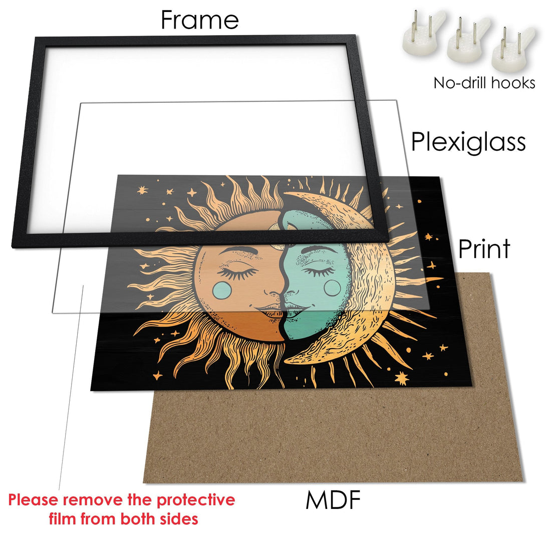 Framed Poster featuring sun and moon art in a boho style with a warm color palette. Perfect wall decor!
