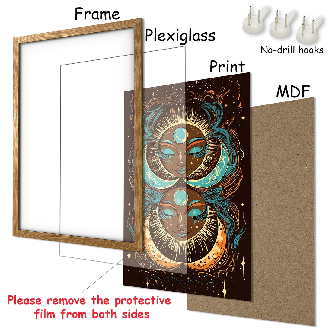 Framed Poster featuring a celestial sun and moon design in a bohemian style with a warm, earthy color palette. Perfect wall art!