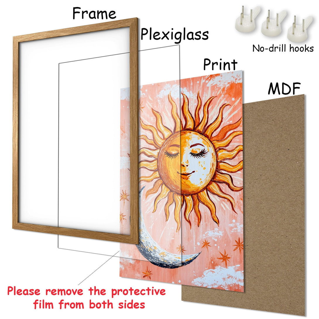 Framed Poster featuring a whimsical sun and moon illustration in warm orange tones. Perfect wall art for any space!