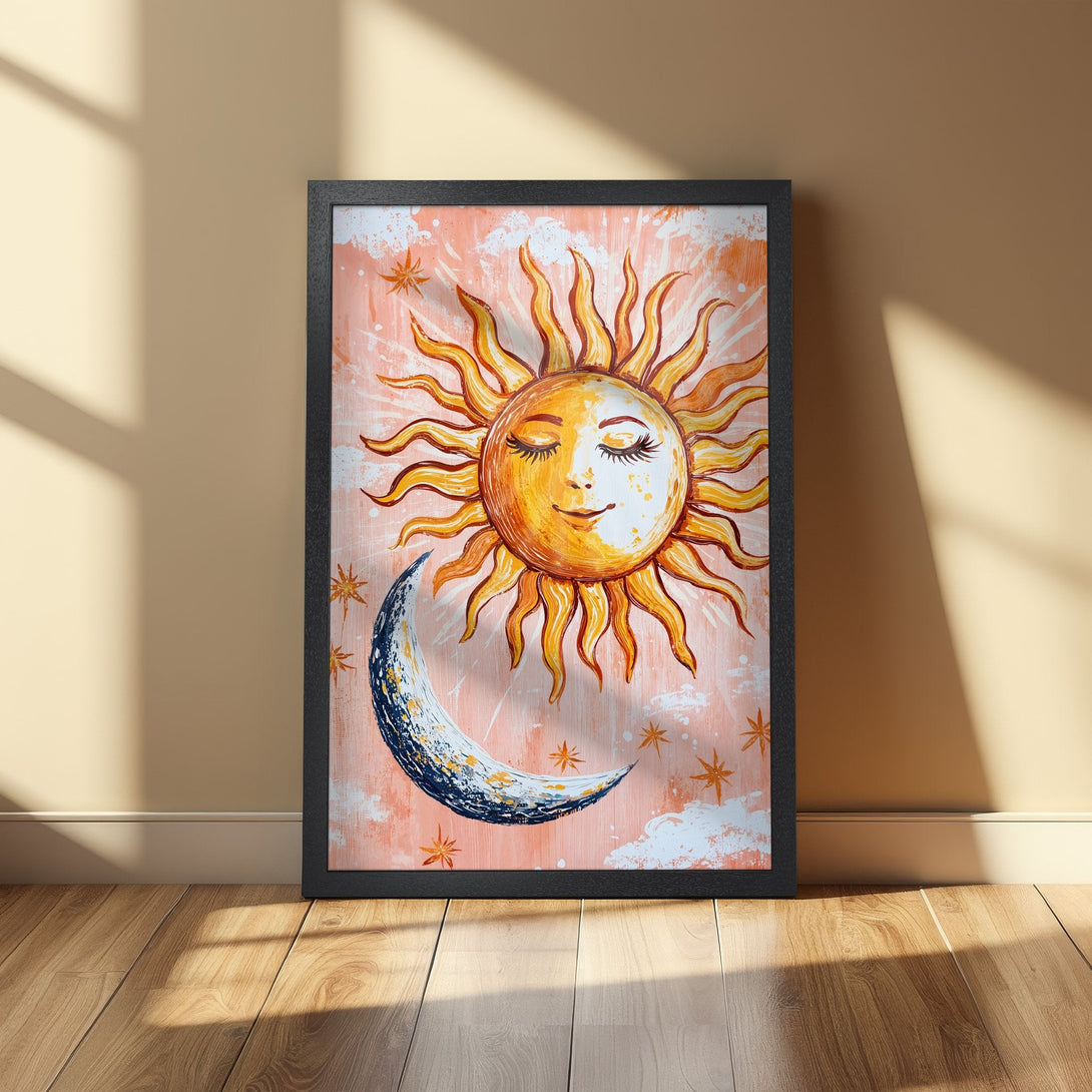 Framed Poster featuring a sun and moon celestial design in warm orange and blue tones. Perfect for boho decor!