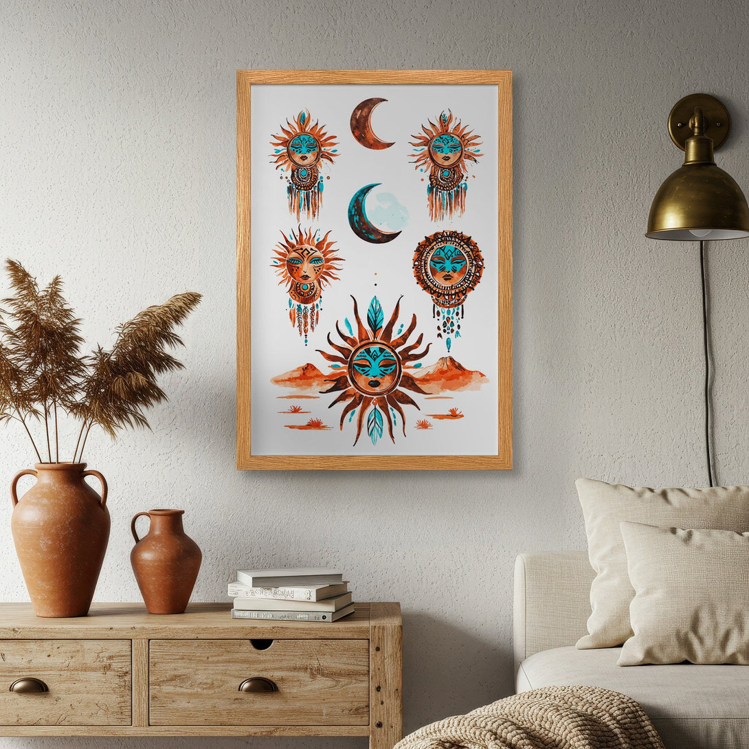 Framed Poster featuring a bohemian sun and moon design in watercolor style with a warm orange and teal color palette.