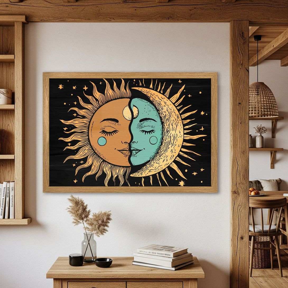 Framed Poster featuring a sun and moon design in a boho style with a warm, earthy color palette. Perfect wall art!
