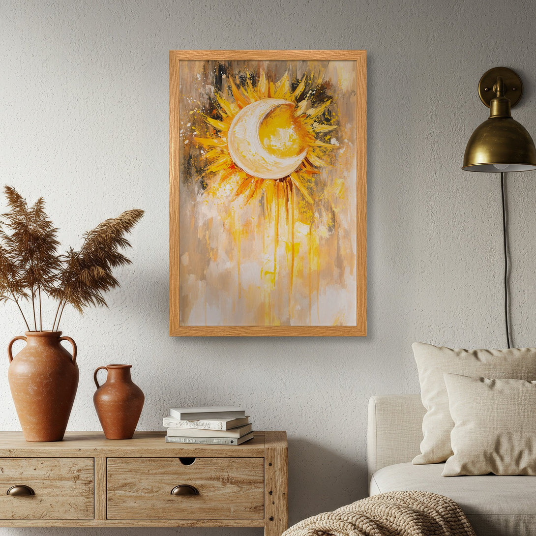 Framed Poster featuring a sun and moon abstract painting in warm yellow and brown tones, perfect wall art.