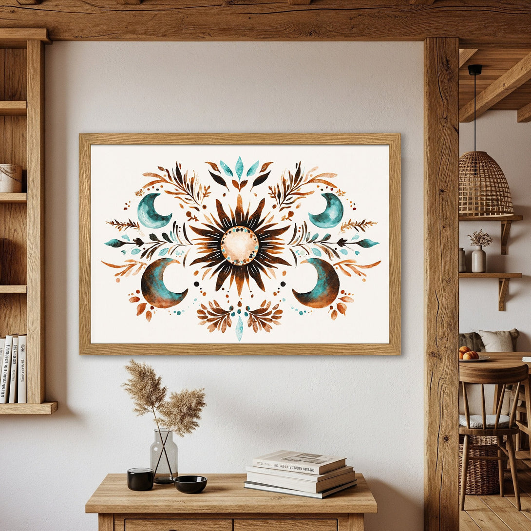 Framed Poster of celestial watercolor art in earthy tones. Perfect wall decor for boho or rustic style home.