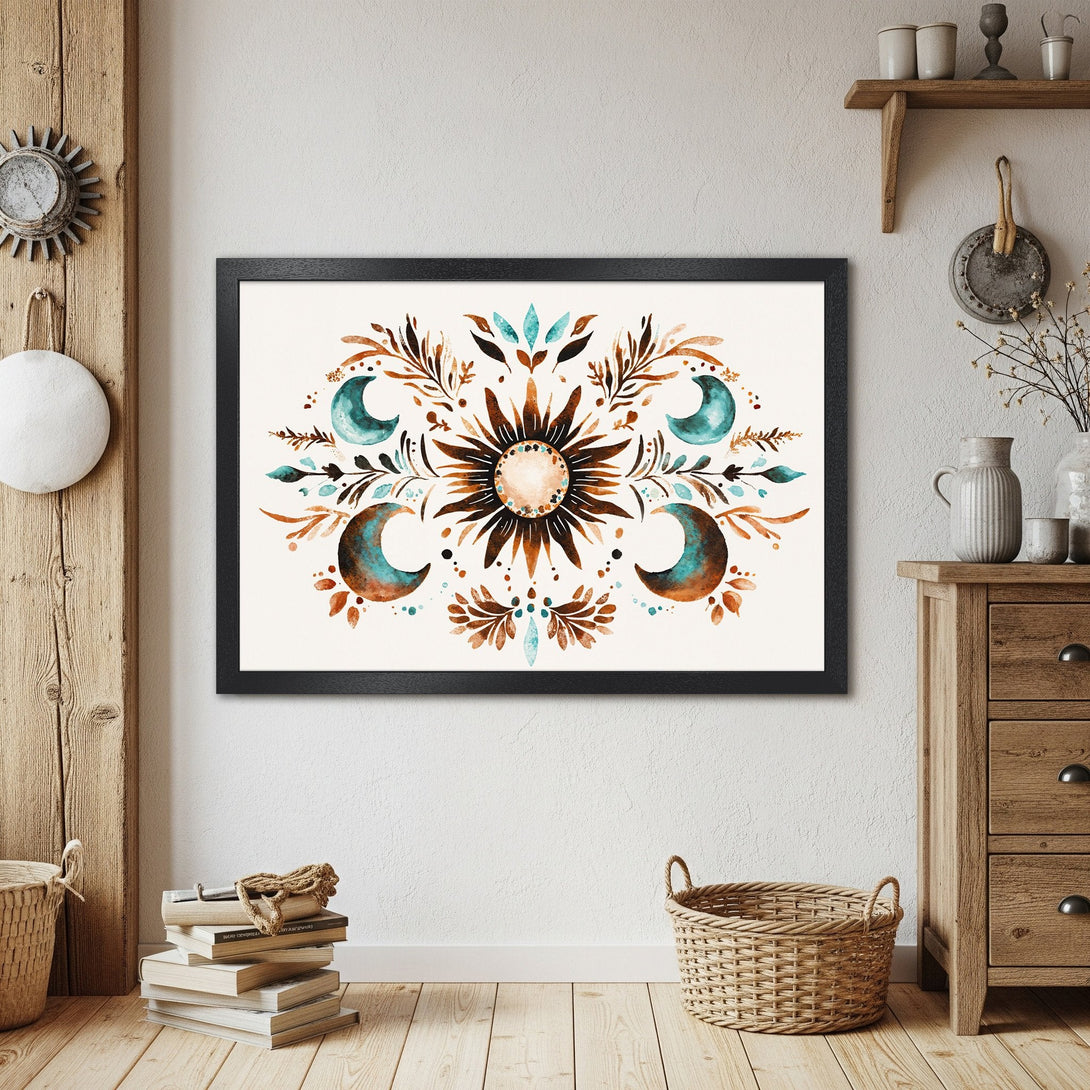 Framed Poster featuring a celestial watercolor design in earth tones. Perfect boho wall art for your home.