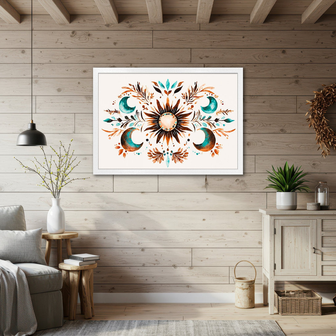 Framed Poster featuring a watercolor celestial design in teal, brown, and orange. Perfect wall art for a bohemian aesthetic.