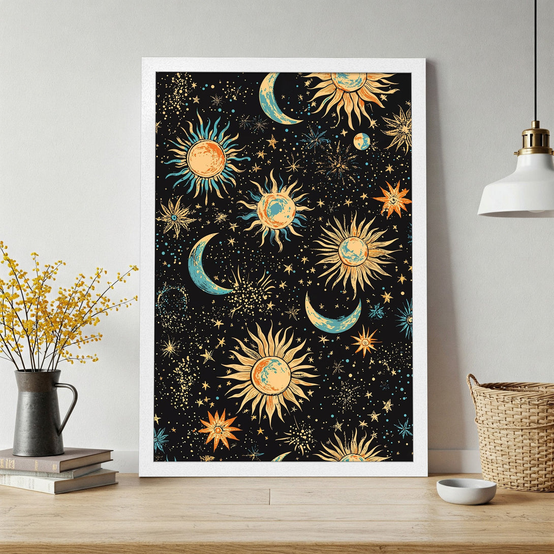 Framed Poster featuring celestial sun and moon design in a vintage style with a black, orange, and teal color palette. Perfect wall art!