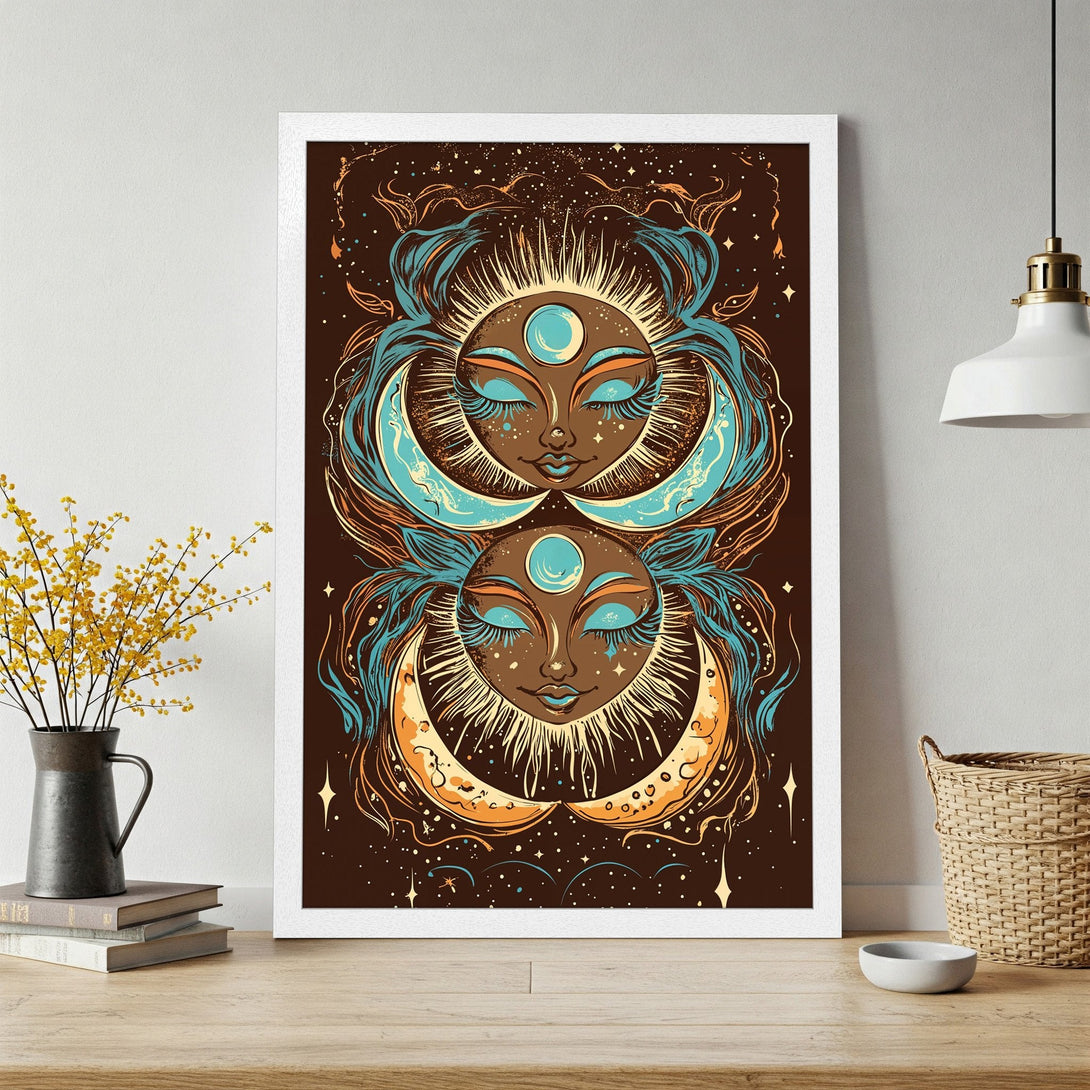 Framed Poster featuring a celestial design in earthy tones, turquoise, and gold. Perfect wall art for your home!