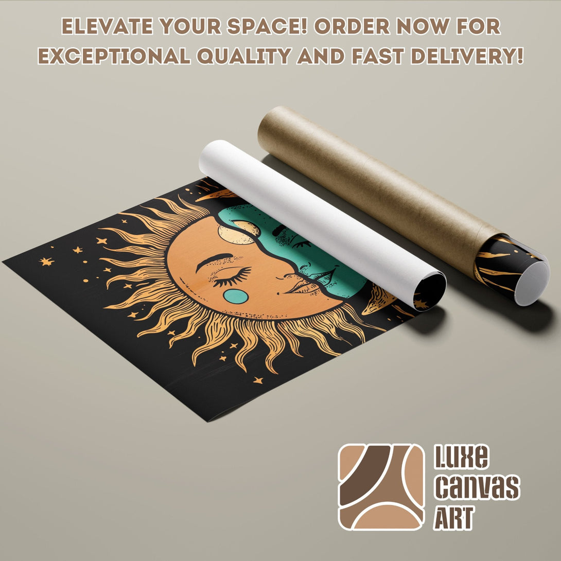 Celestial-themed Poster Roll art print. Black, gold, and teal color palette. Elevate your space!