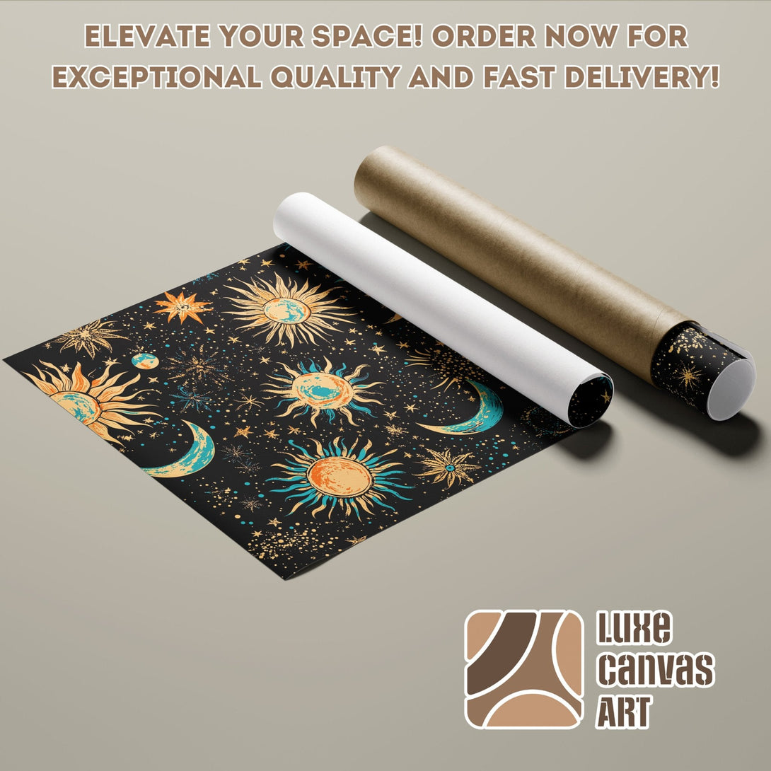 Poster Roll featuring a celestial design in teal, gold, and black. Elevate your space with this unique art piece!