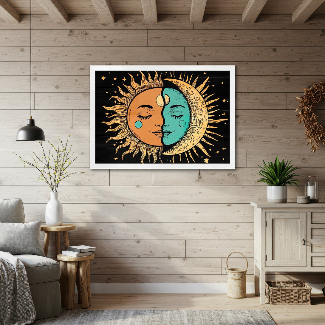 Framed Poster featuring a celestial sun and moon design. Boho style art with orange, teal, and black color palette. Perfect wall decor!