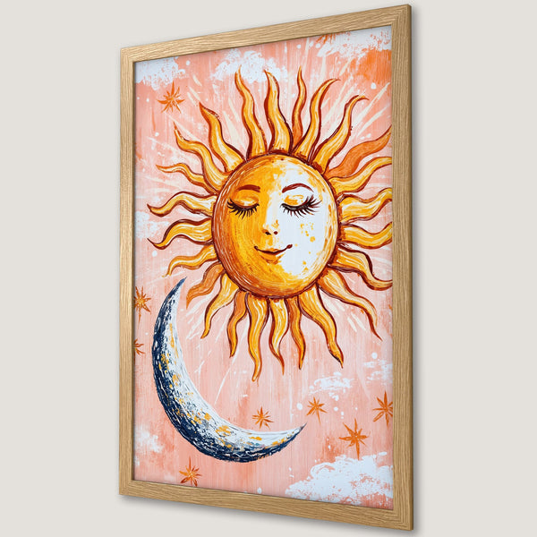Framed Poster featuring a whimsical sun and moon design in warm orange and blue hues. Perfect wall art for a cozy space.