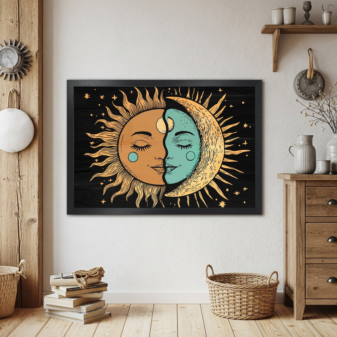 Framed Poster featuring a celestial sun and moon design in warm orange and teal tones. Perfect wall art for a boho vibe!