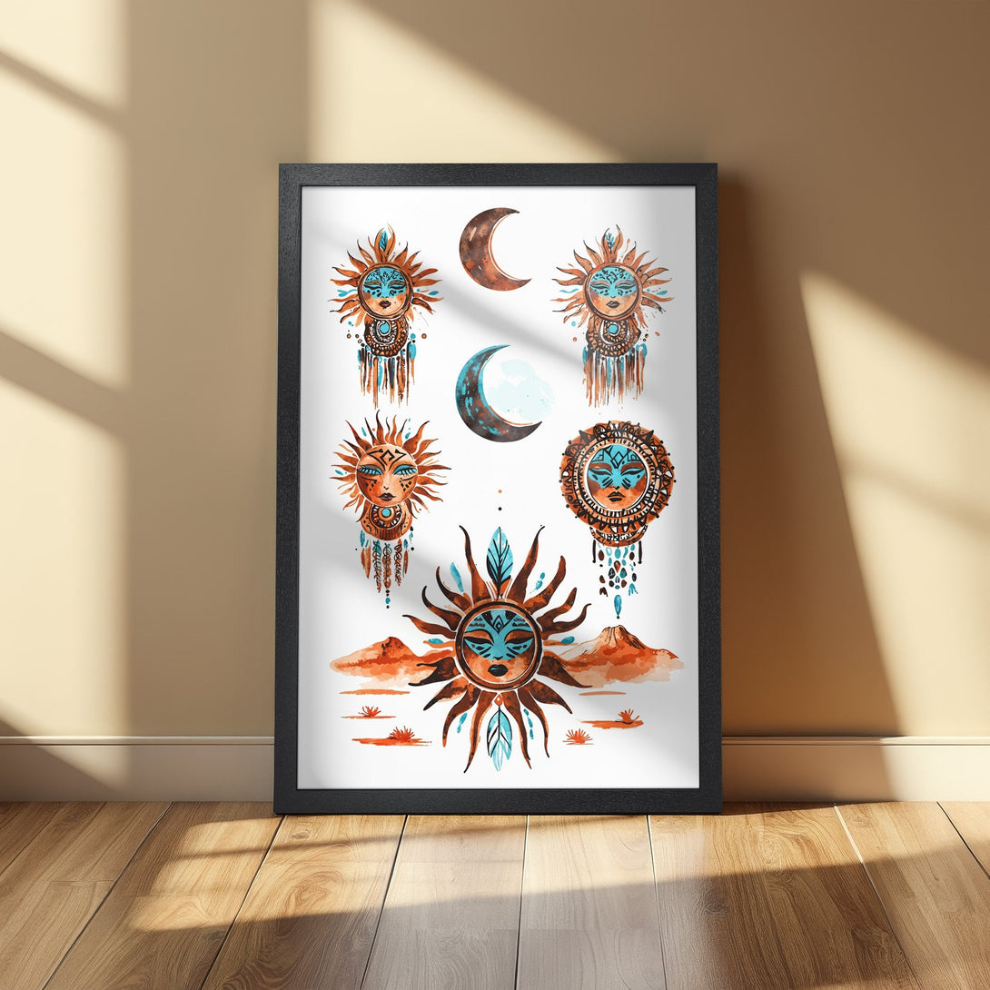 Framed Poster featuring watercolor sun and moon art. Bohemian style with orange, blue, and brown color palette. Perfect wall decor.