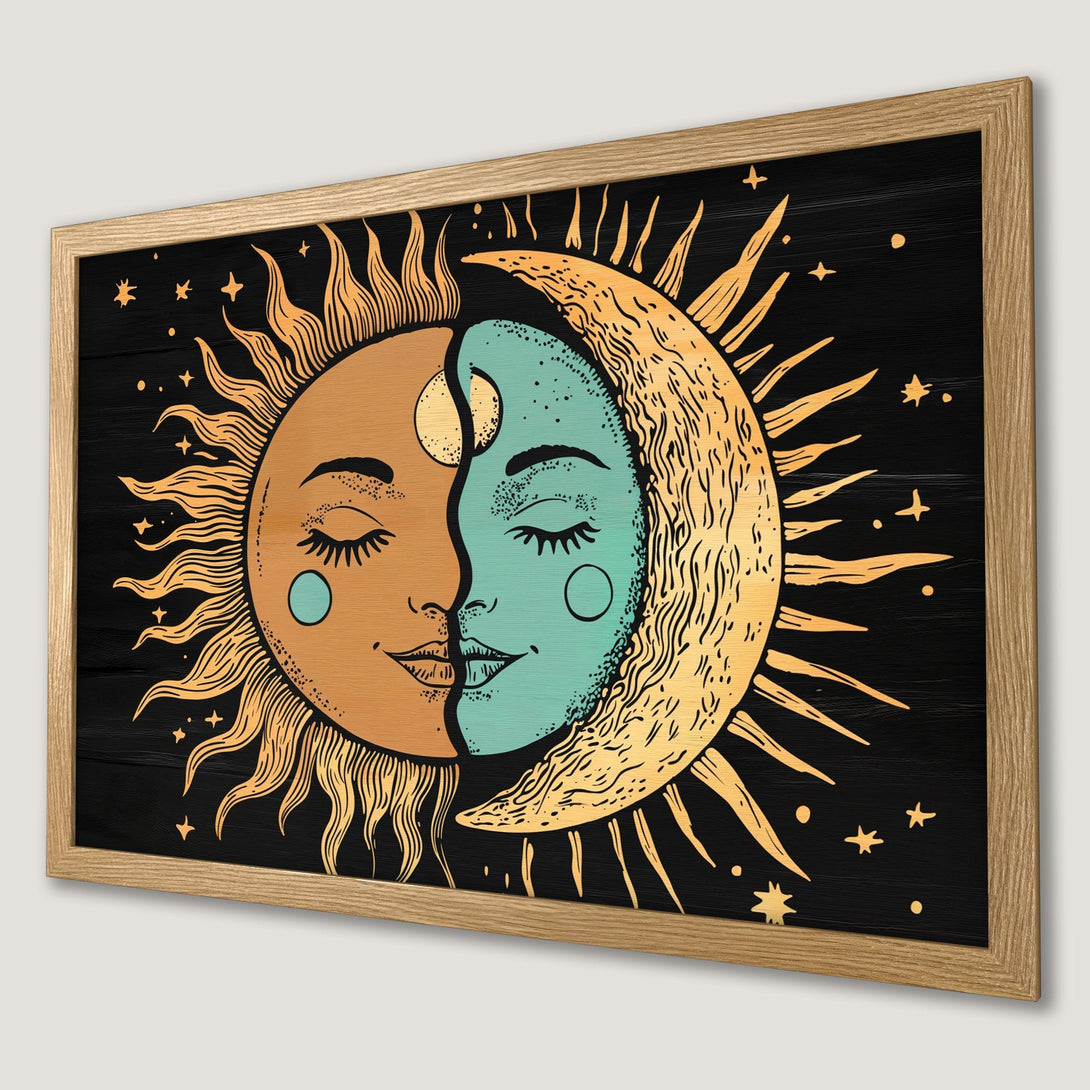 Framed Poster featuring a sun and moon design in a vintage style with a warm, earthy color palette. Perfect wall art!