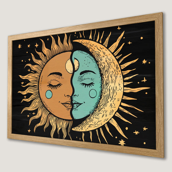 Framed Poster featuring a sun and moon design in a vintage style with a warm, earthy color palette. Perfect wall art!
