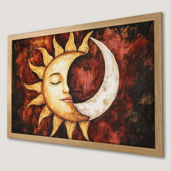 Framed Poster featuring a sun and moon in warm tones. Abstract art style with a rich red, gold, and black color palette.