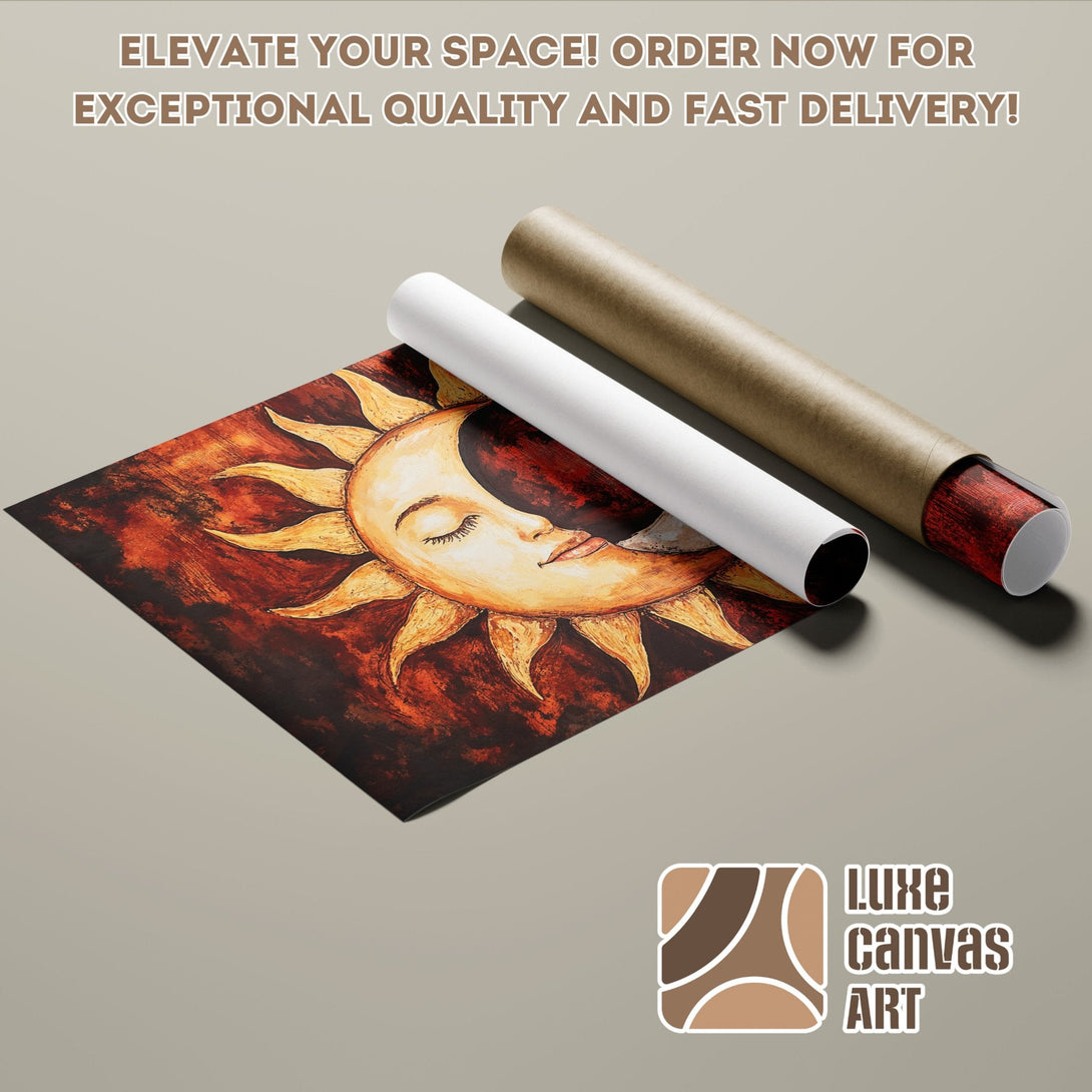 Poster Roll featuring a celestial sun/moon art print in warm orange and red tones.
