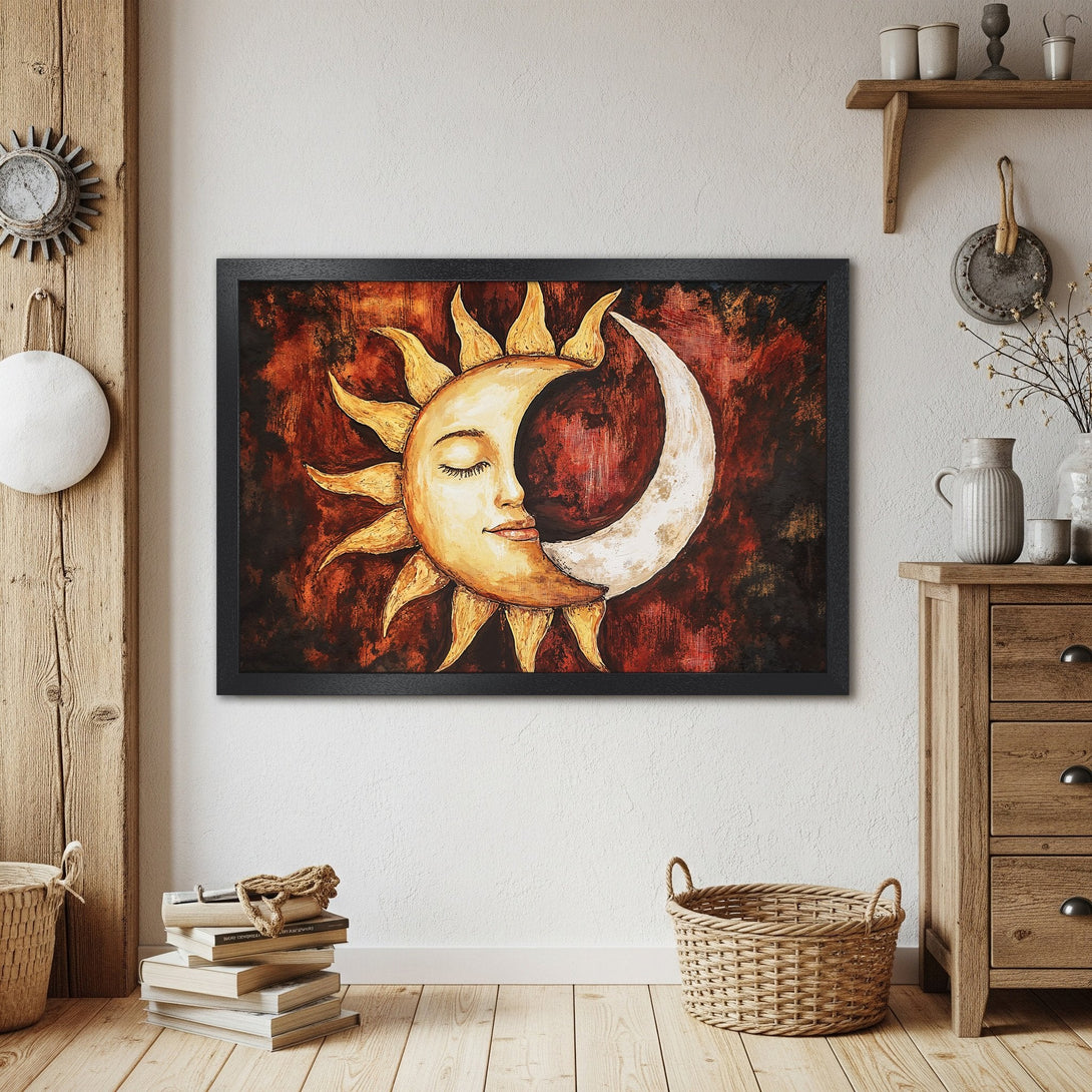 Framed Poster of sun and moon art in warm orange and brown tones. Perfect wall decor for a cozy home.
