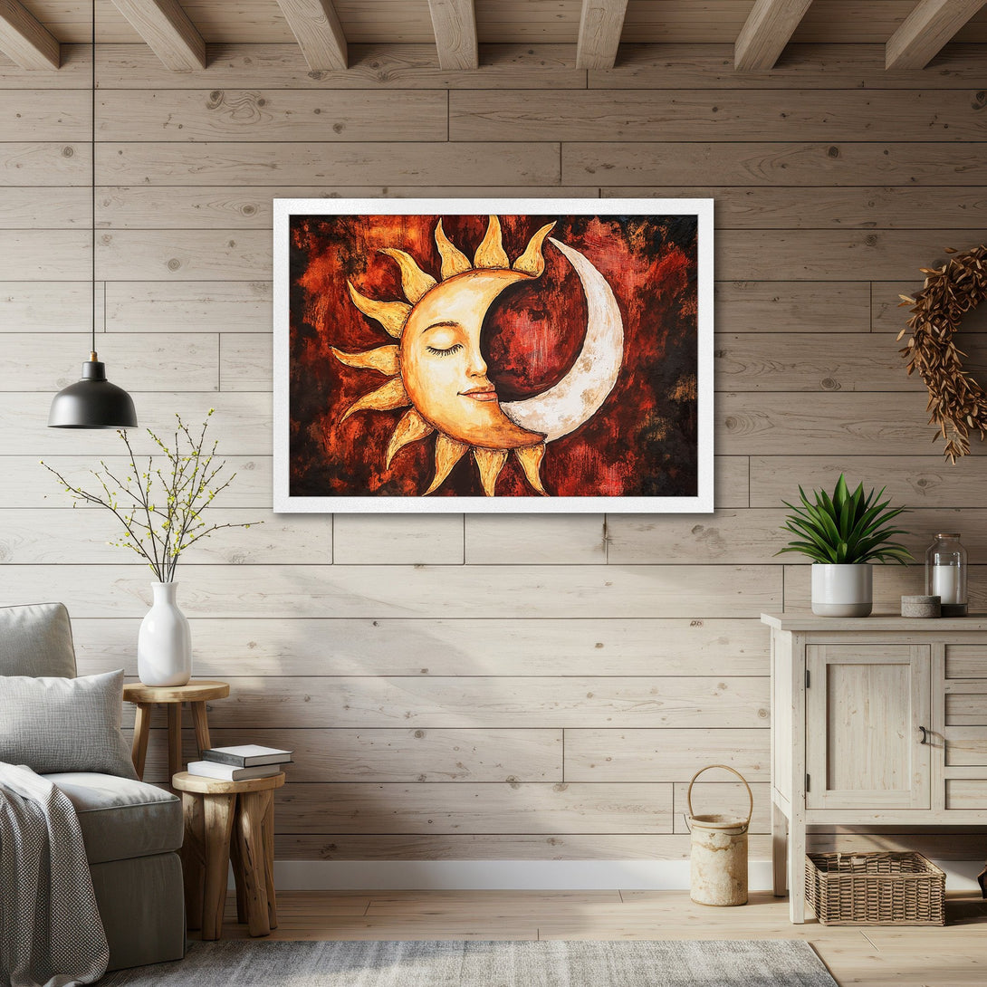 Framed Poster featuring a sun and moon celestial design in warm orange and red tones. Perfect wall art for any room!