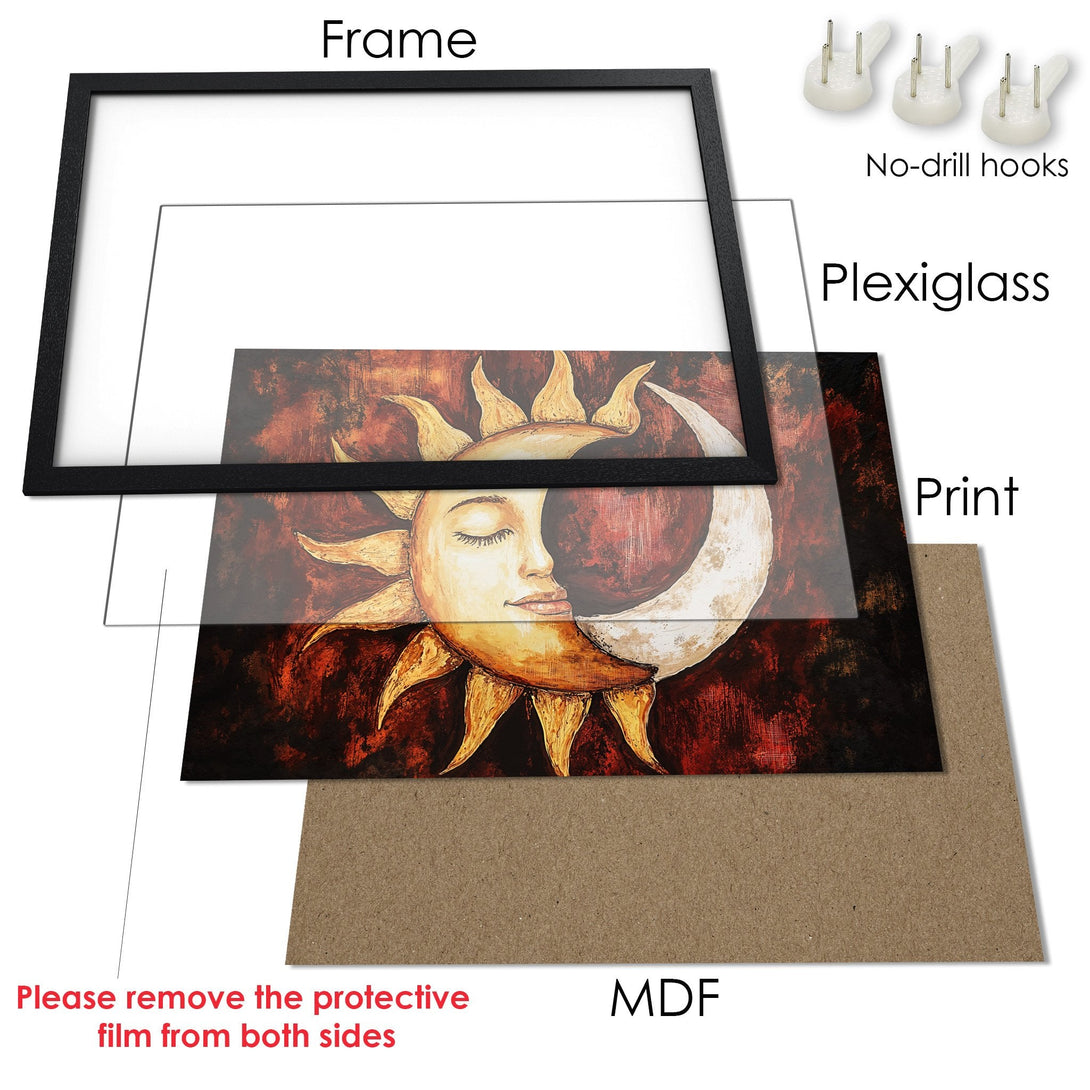 Framed Poster featuring a sun and moon artwork in warm tones. Artistic style, with a rich brown and gold color palette.