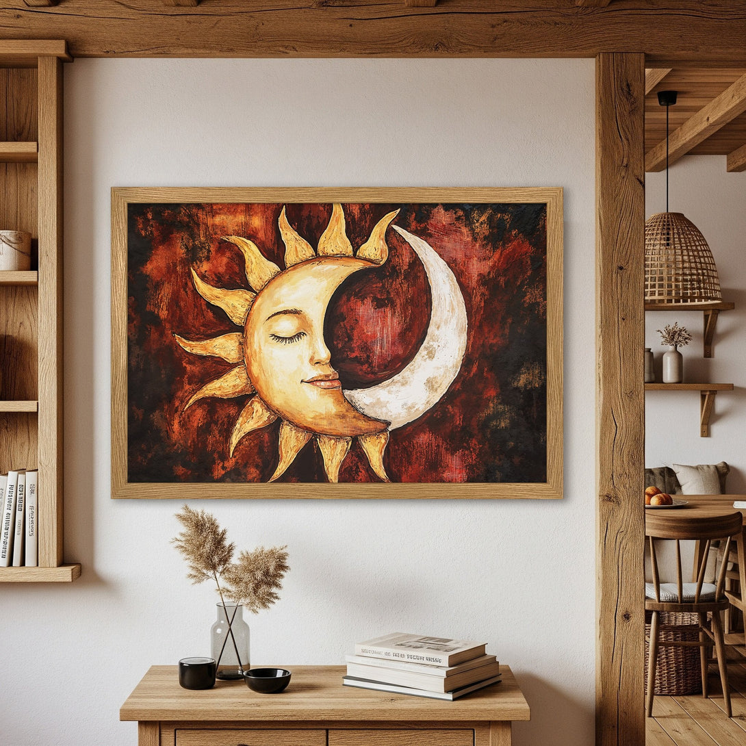 Framed Poster featuring a sun and moon design in warm, earthy tones. Perfect for adding a touch of bohemian style to your home decor.