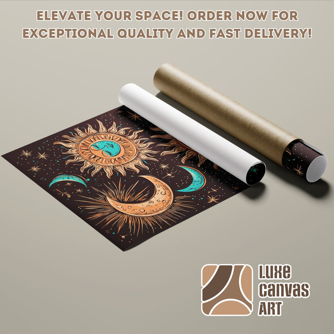 Poster Roll featuring celestial art in a boho style with a brown, teal, and beige color palette. Perfect wall art!