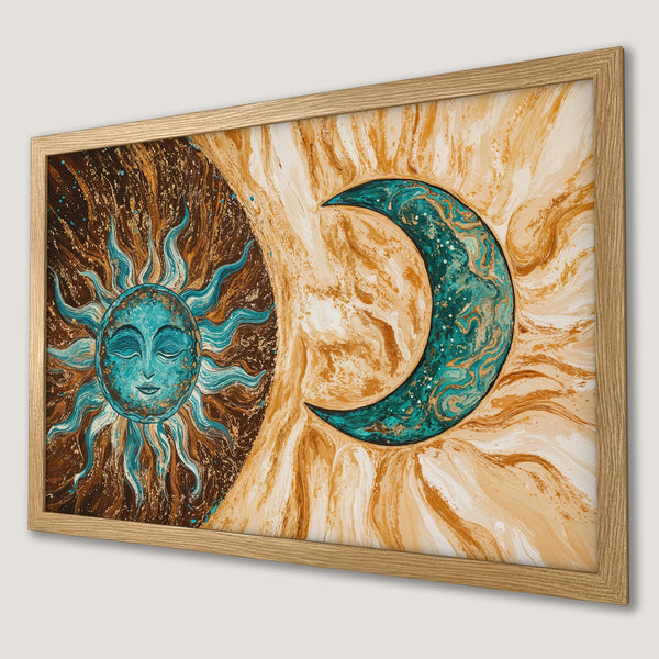 Framed Poster featuring a celestial sun and moon art print in teal, brown, and gold tones. Perfect wall decor!