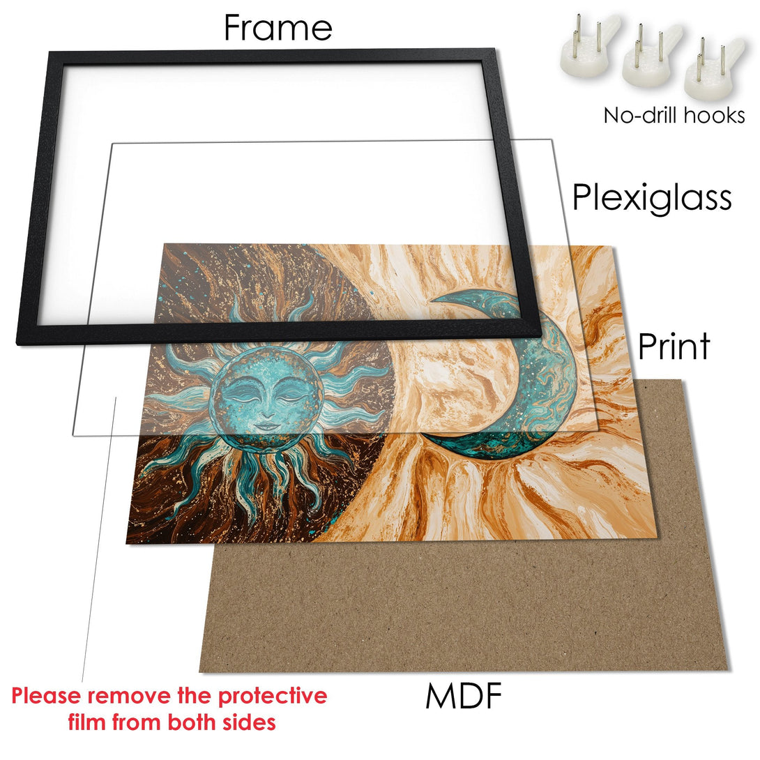 Framed Poster featuring a celestial sun and moon art print in teal, brown, and gold tones. Perfect wall decor!