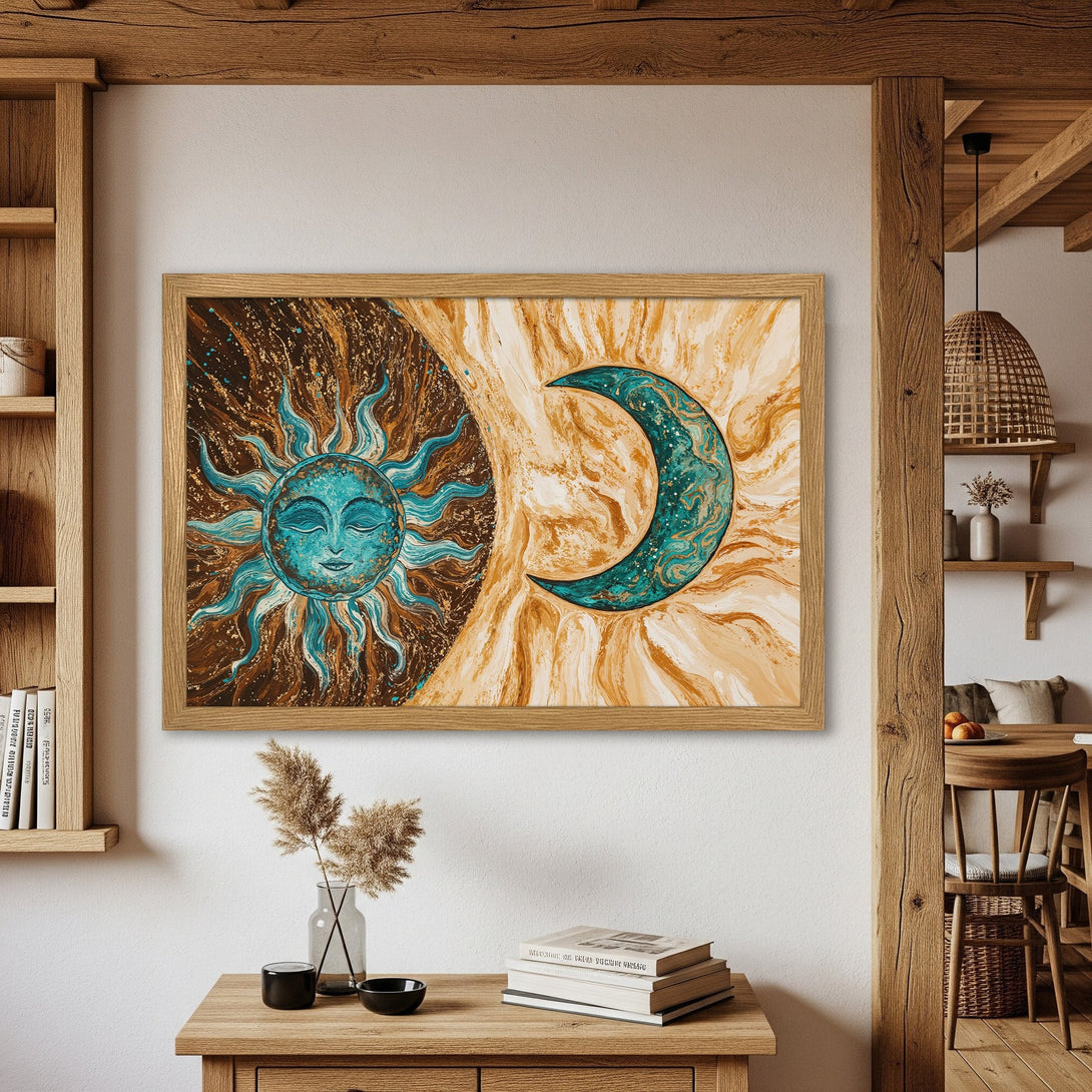 Framed Poster featuring sun and moon art in teal and brown tones. Perfect for boho decor!