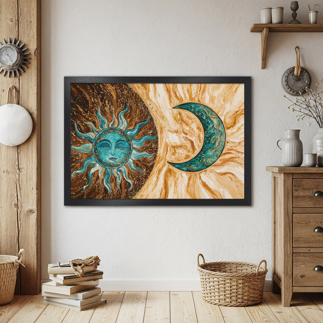 Framed Poster featuring sun and moon art in teal and brown tones. Perfect boho wall decor.