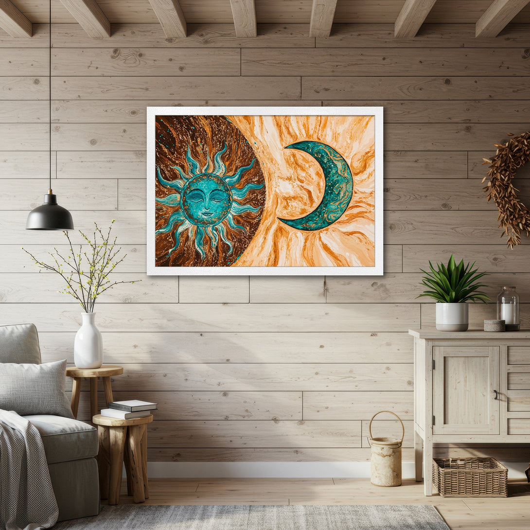 Framed Poster featuring a celestial sun and moon art print in teal and brown, perfect for boho decor.