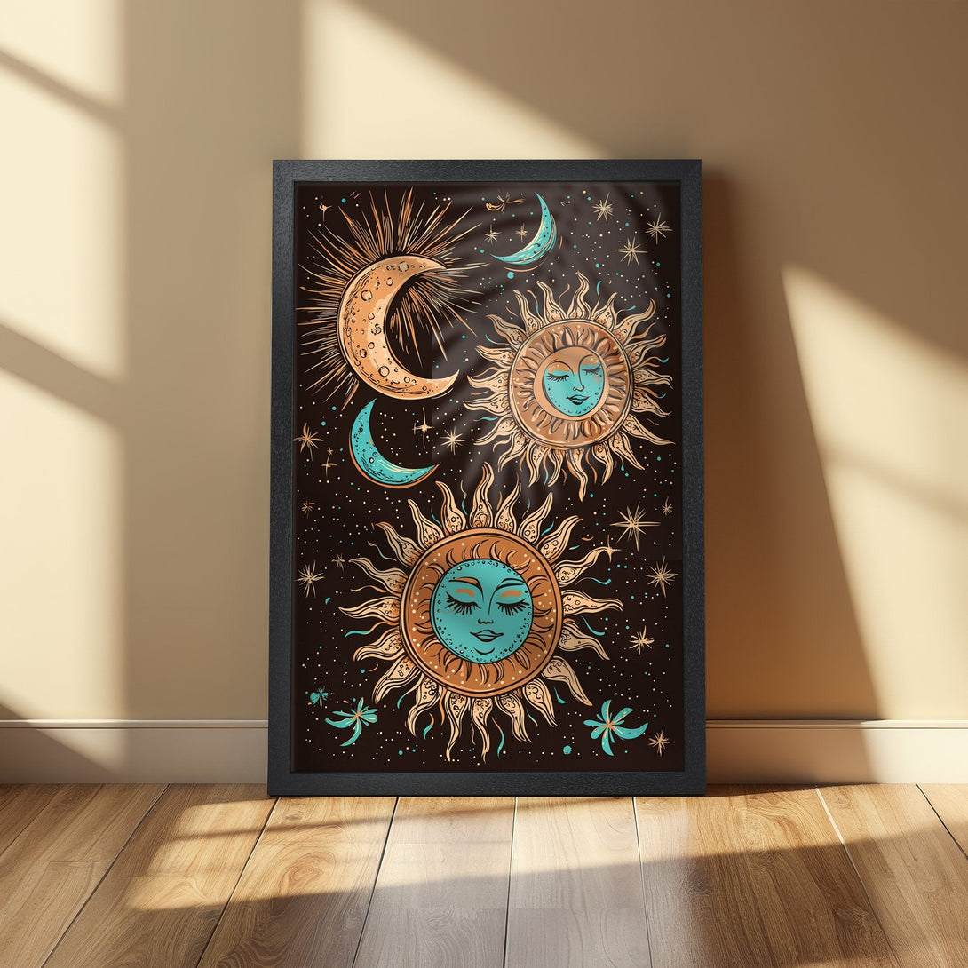 Framed Poster featuring celestial sun and moon design in boho style, with a brown, teal, and gold color palette.