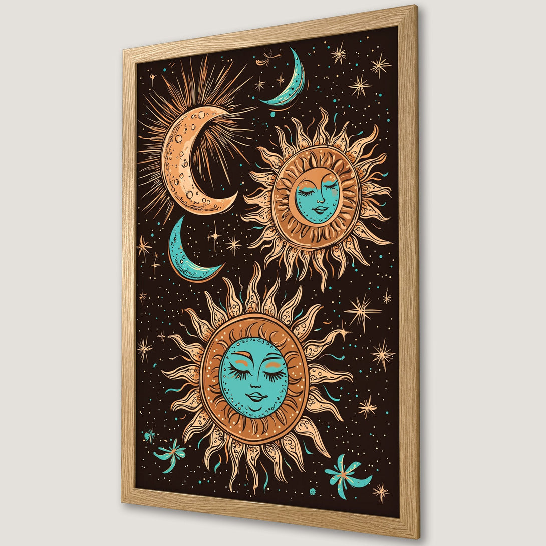 Framed Poster featuring celestial sun and moon art in a vintage style with a warm color palette. Perfect wall decor!