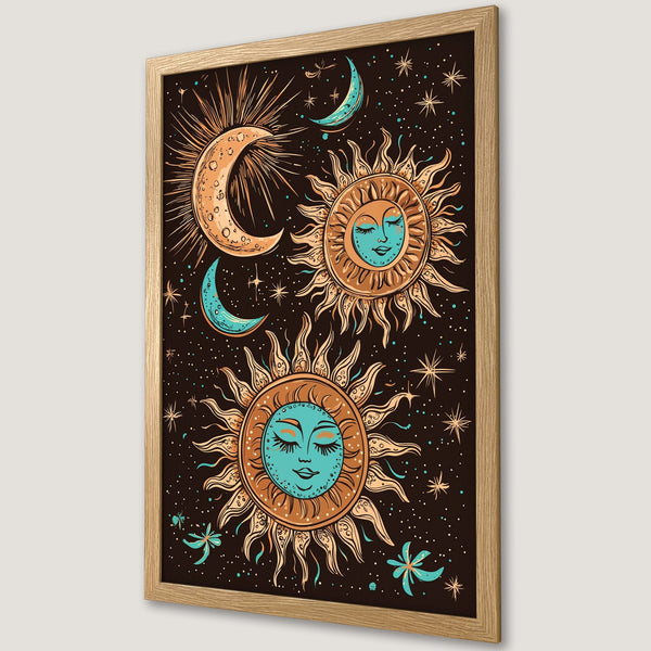 Framed Poster featuring celestial sun and moon art in a vintage style with a warm color palette. Perfect wall decor!