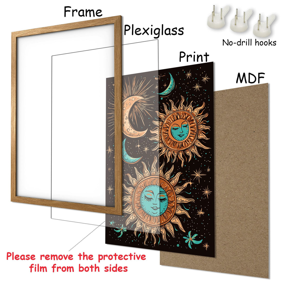Framed Poster featuring a celestial design with sun and moon in a boho style, using a black, teal, and orange color palette.