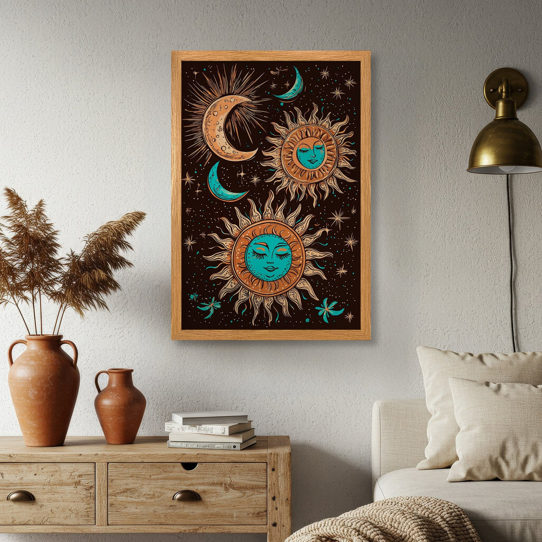 Framed Poster featuring celestial sun and moon art in a boho style with a warm brown and teal color palette. Perfect wall decor!