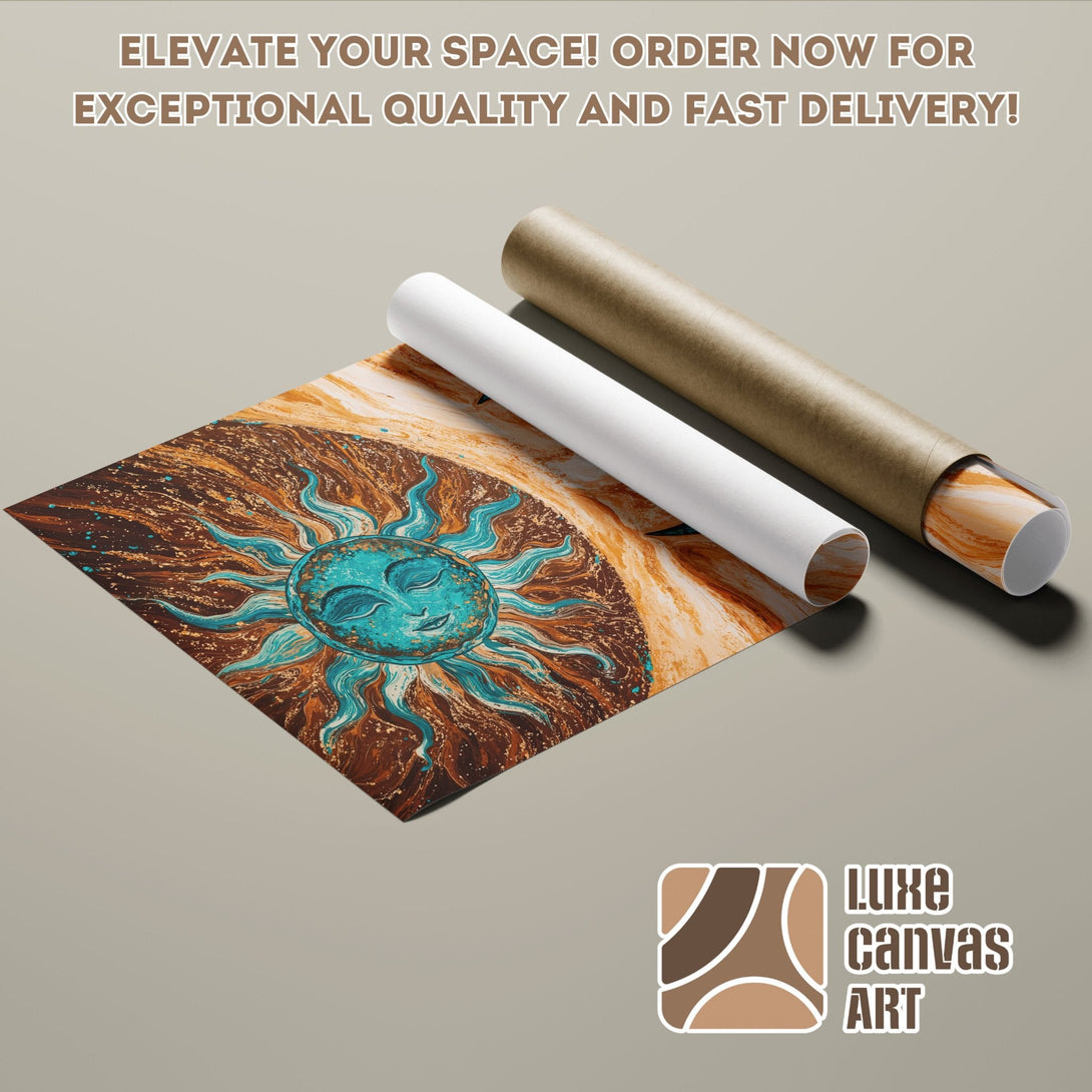 Poster Roll featuring a sun design in a warm brown and teal color palette. Elevate your space!