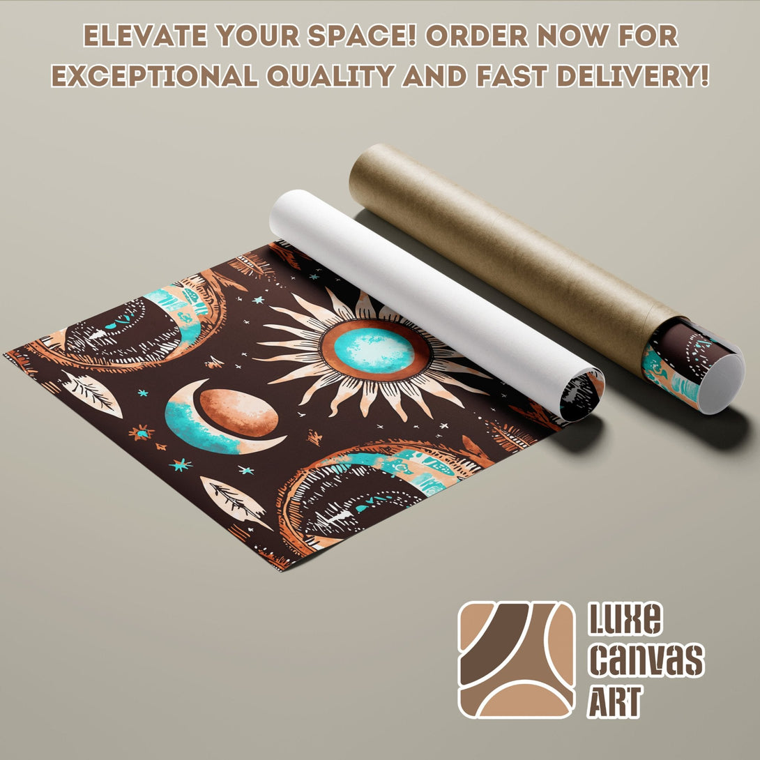 Poster Roll featuring a celestial design in brown, teal, and orange tones. Perfect wall art!