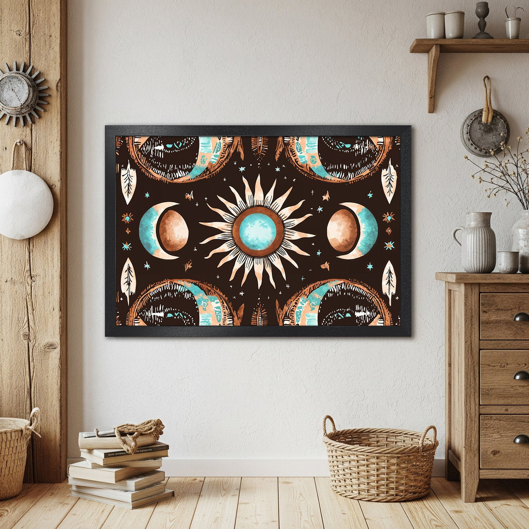 Framed Poster featuring a celestial design with sun, moons, and stars in a boho style. Earthy tones with teal accents.