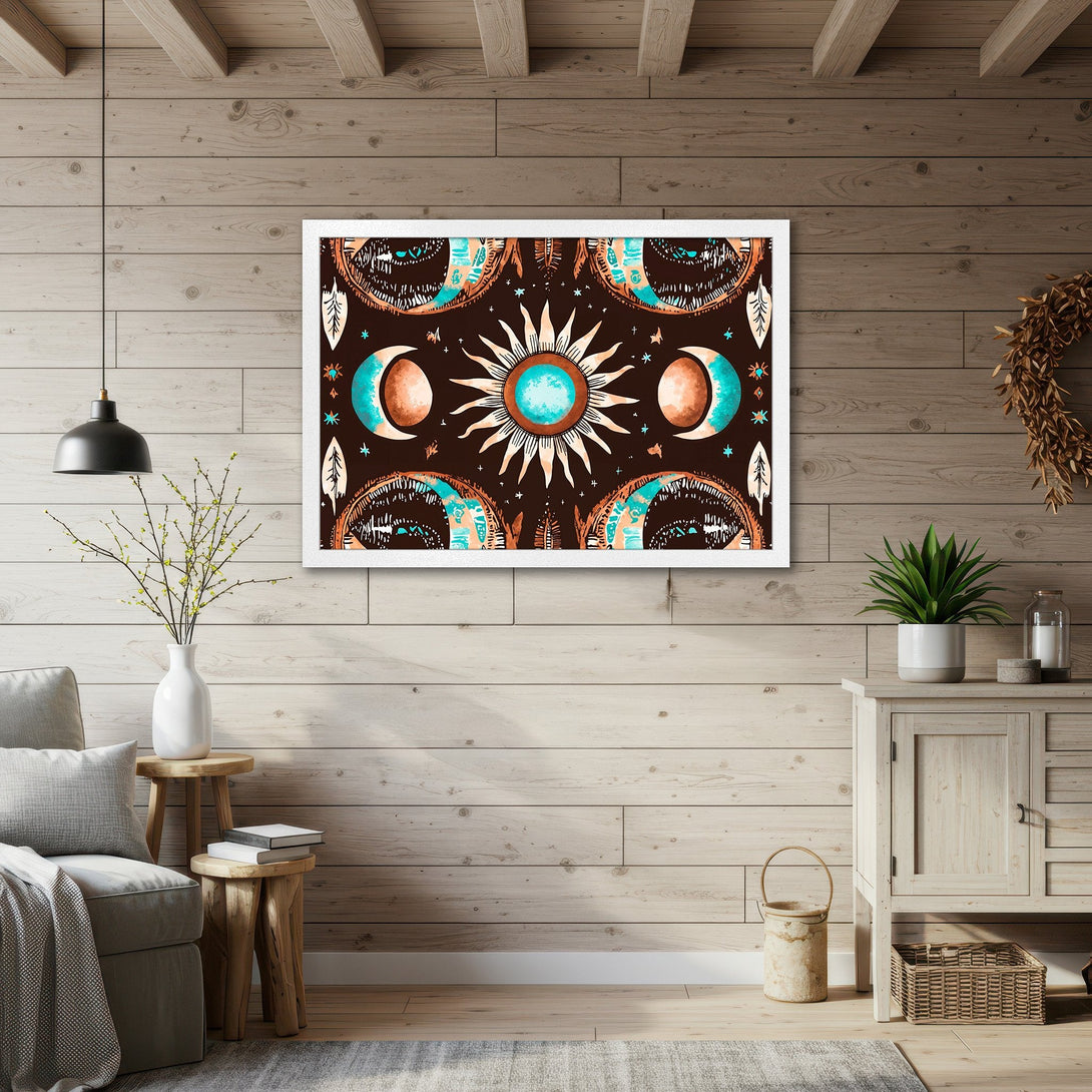 Framed Poster featuring a celestial design with sun and moons in a boho style, using a brown, teal, and orange color palette.