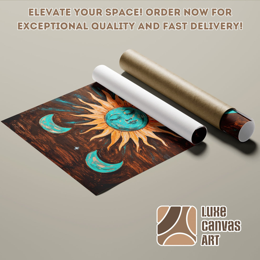 Poster Roll featuring a sun and moon art print in a warm color palette. Elevate your space!