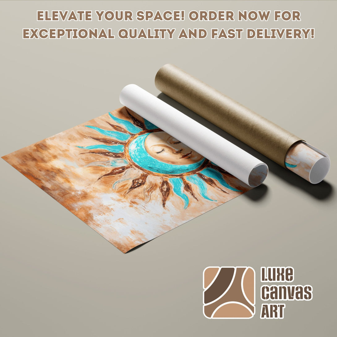 Poster Roll featuring a celestial art print in warm earth tones and turquoise.