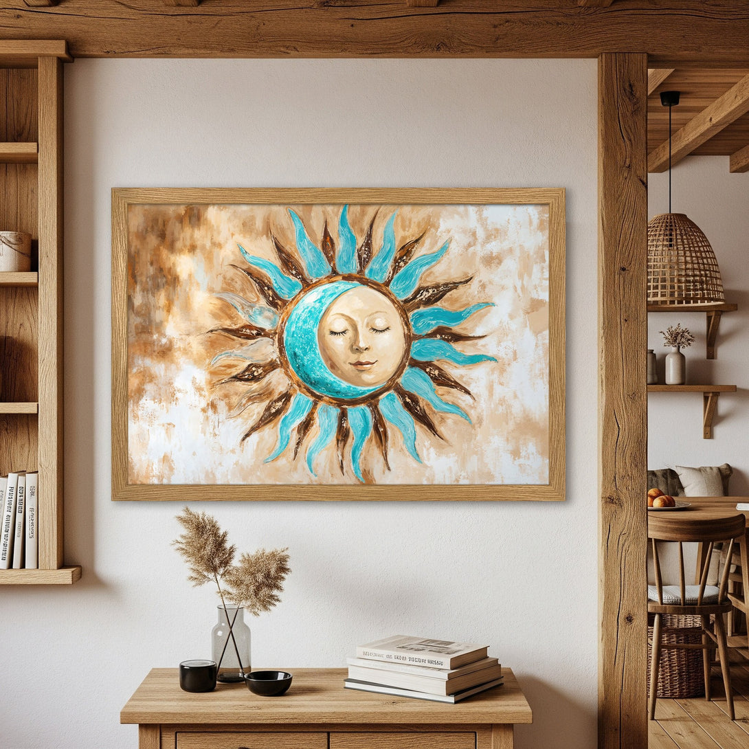 Framed Poster featuring a sun and moon art print in a bohemian style with a teal and brown color palette. Perfect wall decor!