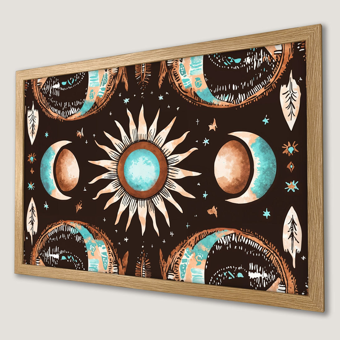 Framed Poster featuring celestial design in boho style with brown, teal, and tan color palette. Perfect wall art for any room.